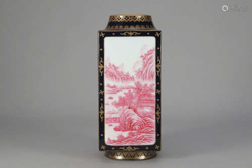 A Famille Rose Landscape Porcelain Square Vase with Round Mouth