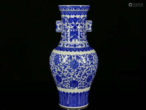 A Blue and White Eight Treasures Patterb Porcelain Double Ears Vase