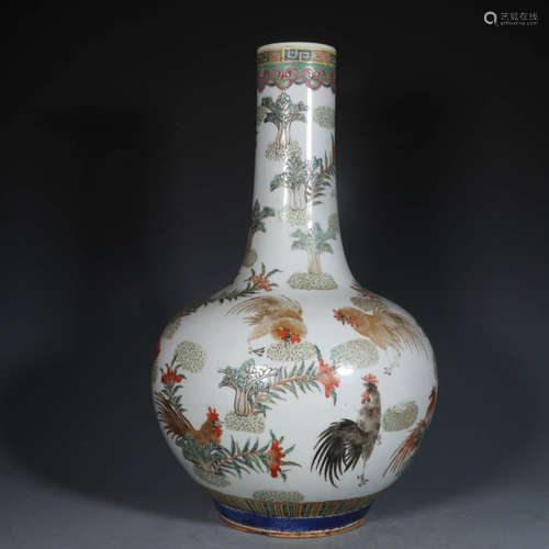 A Famille Rose Floral Rooster Porcelain Tianqiuping