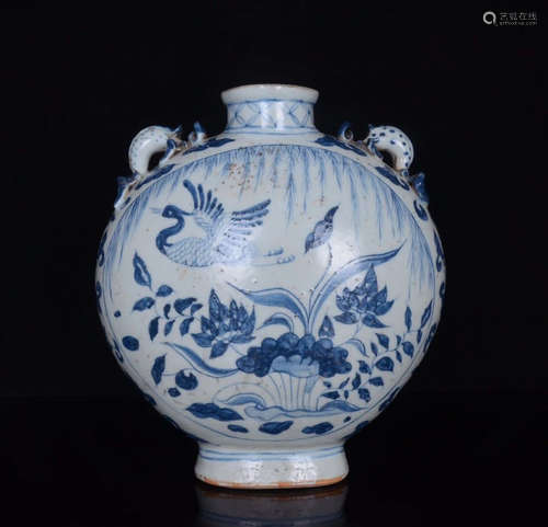 A Blue and White Lotus Mandarin Duck Porcelain Oblate Vase