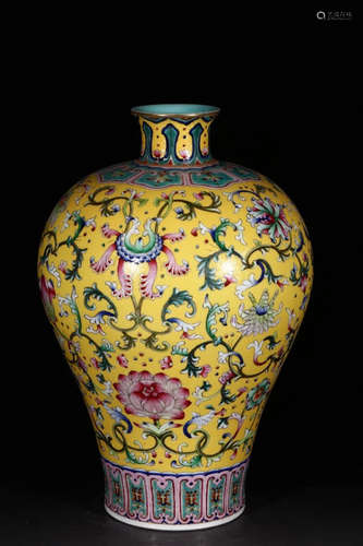 A Yellow Ground Famille Rose Gilt Mouth Floral Porcelain Meiping