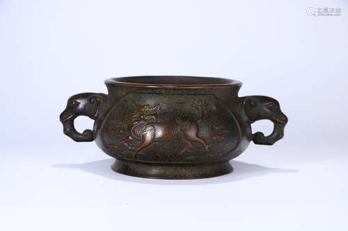 A Bronze Carved Incense Burner With Double Ears