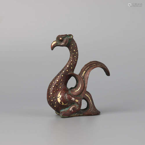 A Gold and Silver Inlaid Bronze Bird Ornament