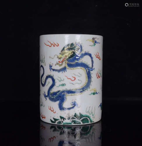 A Famille Verte Dragon Pattern Porcelain Brush Pot