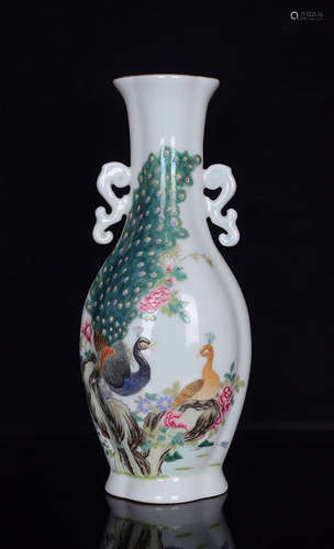 An Enamel Floral Peacock Porcelain Double Ears Vase