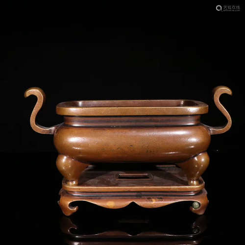 A Gild Bronze Double Ears Incense Burner With Stand