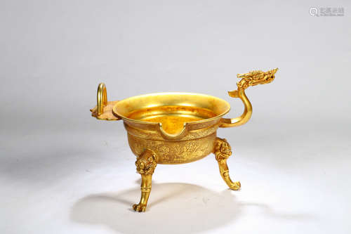 A Gild Bronze  Auspicious Beast  Tripod Cup