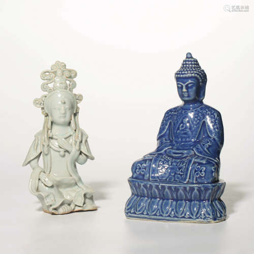 2 Pieces Monochrome Glaze Porcelain Buddha Statues