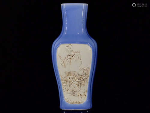 A Skyblue Glaze Landscape Relief Porcelain Vase