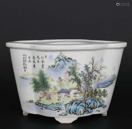 A Famille Rose Landscape Porcelain Flower-mouth Basin