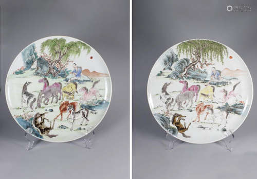 A Pair of Famille Rose Eight Horse Porcelain Plate