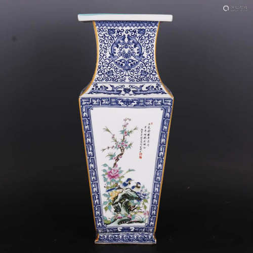 A Blue and White Doucai Flower&Bird Pattern Porcelain Square Vase