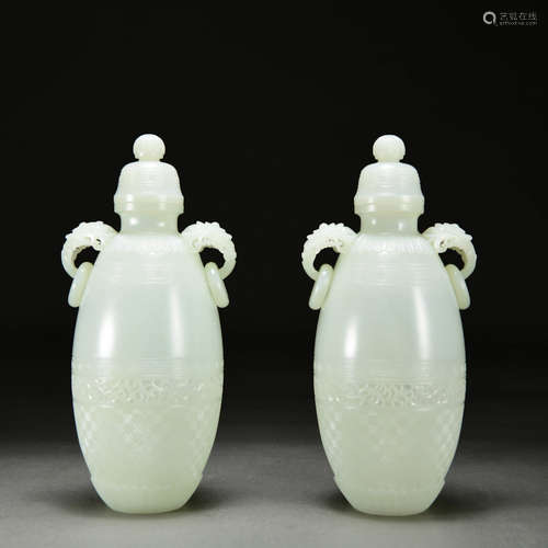 A Pair of Jade Carved Vase with Living Ears