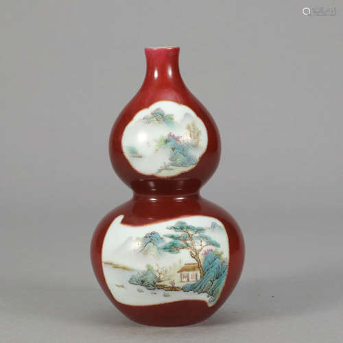 A Red Glaze Famille Rose Porcelain Gourd-shaped Vase