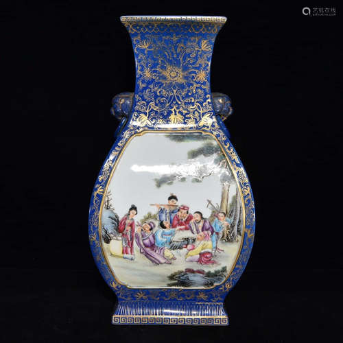 A Blue Ground Gilt-inlaid Famille Rose Figure Porcelain Beast Ears Square Vase