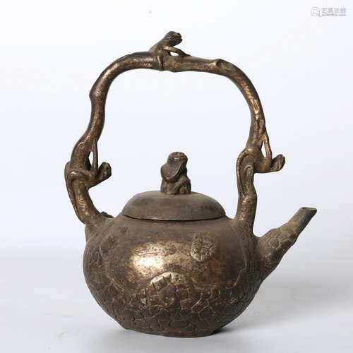 A Silver Pot with Monkey Carved Loop-handle