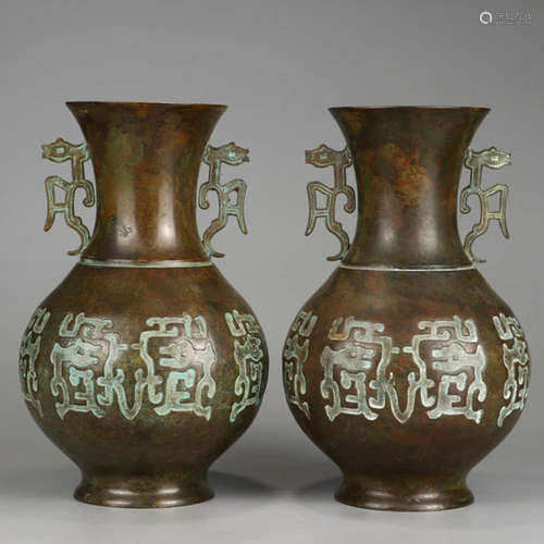 A Pair of Panchi Pattern Bronze Double Ears Vase