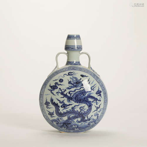 A Blue and White Dragon Porcelain Double Ears Oblate Vase