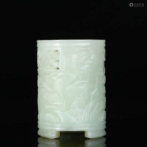 A Landscape Carved Hetian Jade Landscape Piercing Brush Pot