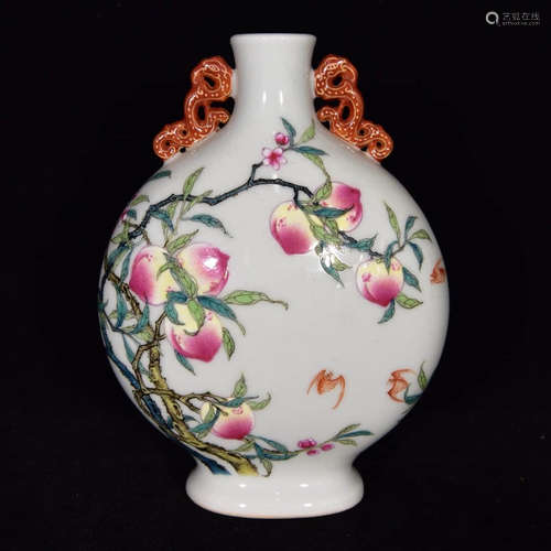 A Famille Rose Peach Pattern Porcelain Double Ears Oblate Vase