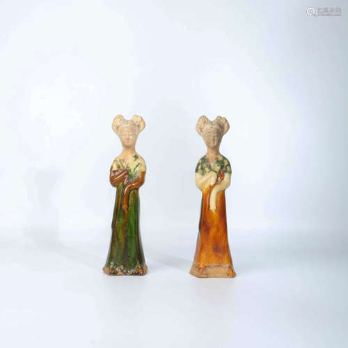 2 Pieces Tang Tri-colored Women Pottery Figurine