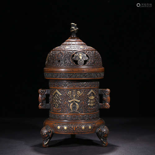 A Double Ears Copper Piercing Three-legged Incense Burners