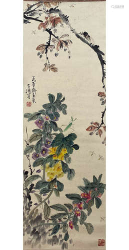 A Chinese Flower&bird Painting Scroll, Wang Xuetao Mark