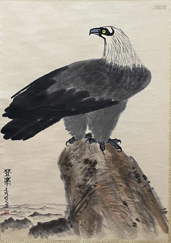 A Chinese Eagle Painting Scroll, Wu Zuoren Mark