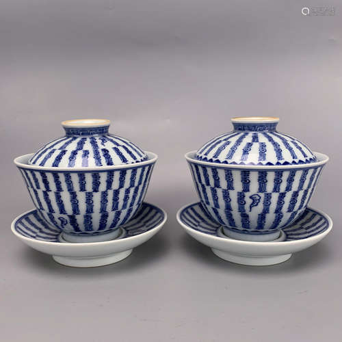 A Pair of Blue and White Porcelain Bowls with Cover