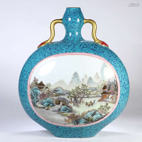 A Blue Ground Landscape Figure Porcelain Double Ears Vase