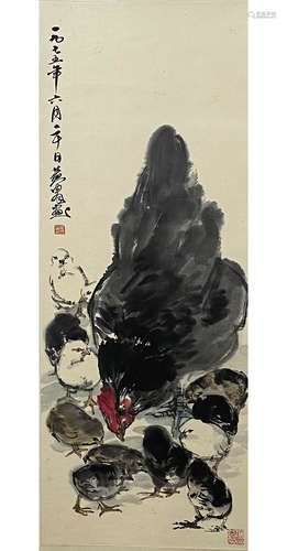 A Chinese Chicken Painting Scroll, Huang Zhou Mark