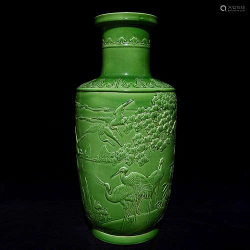 A Green Glaze Pine&Crane Carved Porcelain Dish-top Vase