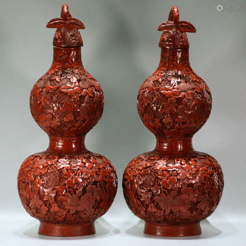 A Pair of Carved Red Lacquerware Gourd-shaped Vase