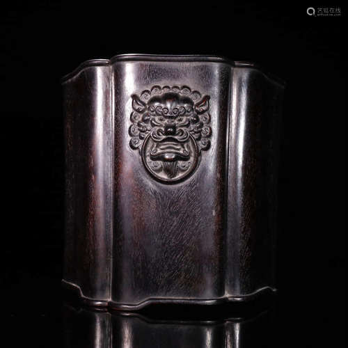 A Carved Rosewood Auspicious Lion Brush Pot