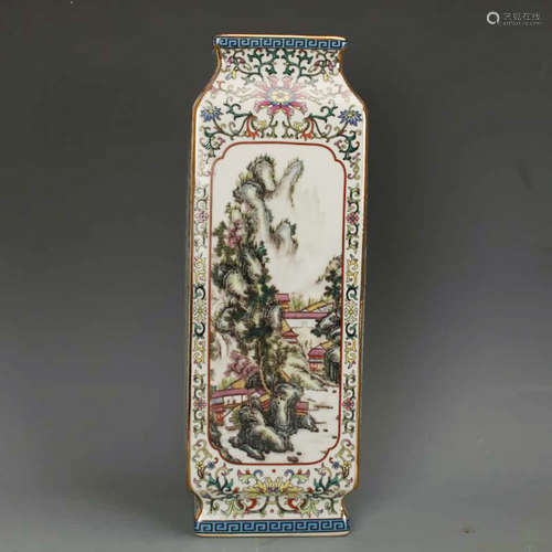 A Gilt-inlaid Enamel Landscape Porcelain Inscribed Square Vase