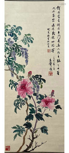 A Chinese Flower&bird Painting Scroll, He Xiangning Mark