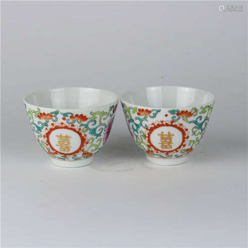 A Pair of Famille Rose Floral Porcelain Tea Cups