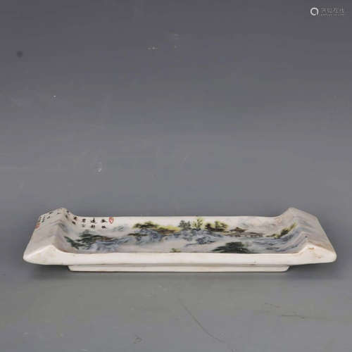 A Famille Rose Landscape Porcelain Ink Bed Paper Weight