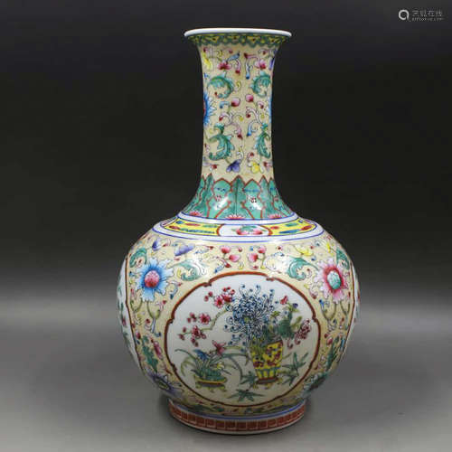 A Famille Rose Gilt-inlaid Floral Porcelain Vase