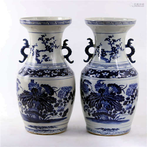 A Pair of Blue and White Floral Porcelain Double Ears Vase