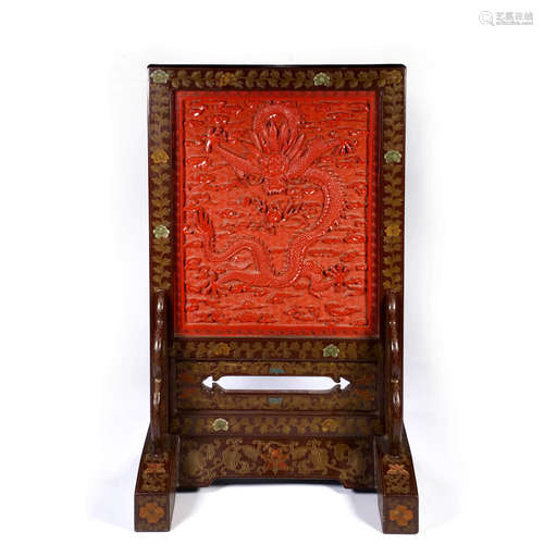 A Dragon Carved Red Lacquerwork Table Screen