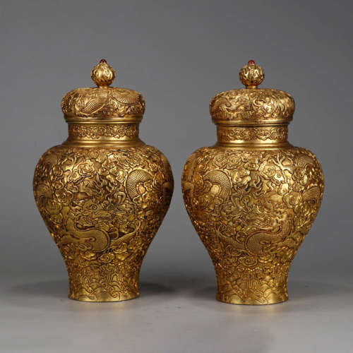A Pair of Gild Bronze Dragon Jars with Covers