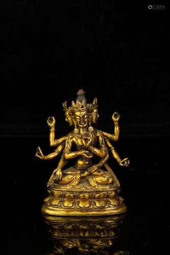 Copper and Golden Eight Arms Buddha Statue from Qing