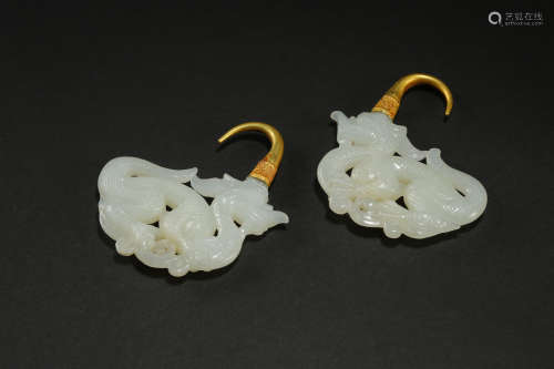 HeTian Jade and Gold Earrings in Dragon form from Yuan