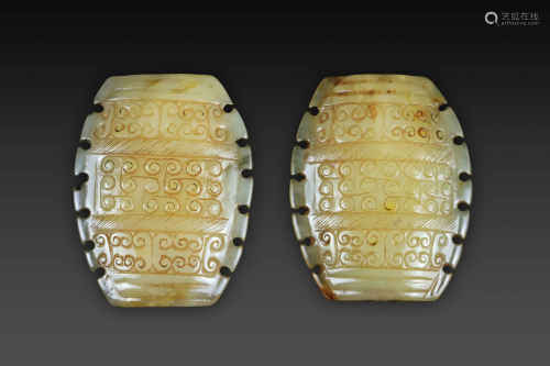 A Pair of HeTian Jade Ornament in Drum form from Han