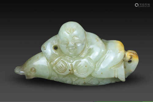 Child Holds Fish Jade Ornament from Qing