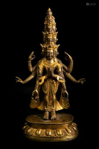 Copper and Golden Thousand Hand Bodhisattva from Qing