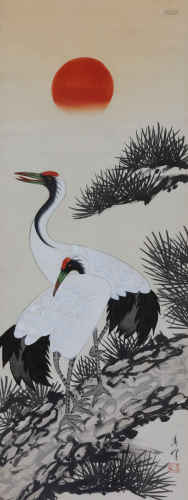 XiuFeng Crane Ink Painting Vertical Scroll from Qing