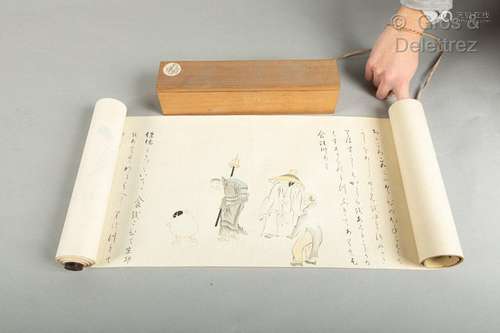 Japon, Long kakemono à l'encre et couleurs légère…