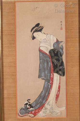 Japon, Meiji Estampe jeune femme au chat Dim. 37…